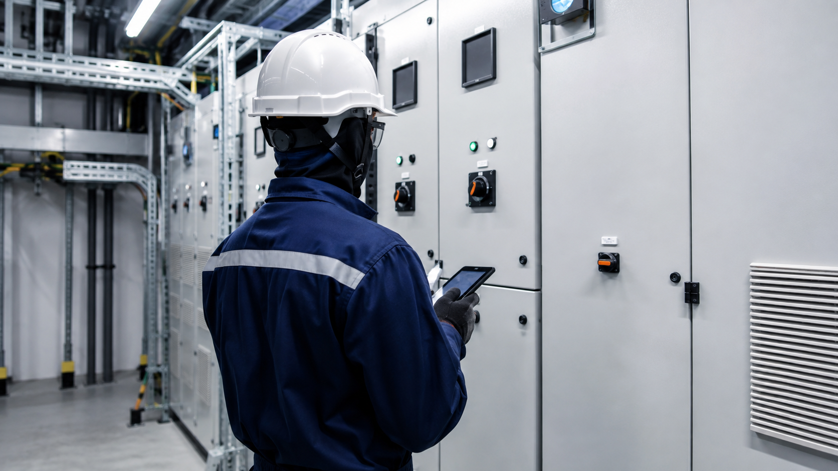 Técnico inspecionando painel elétrico industrial