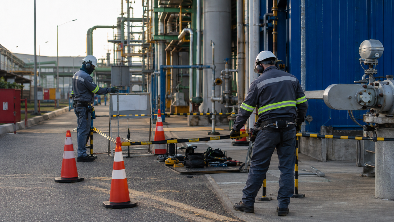 Técnicos organizando frente de serviço industrial