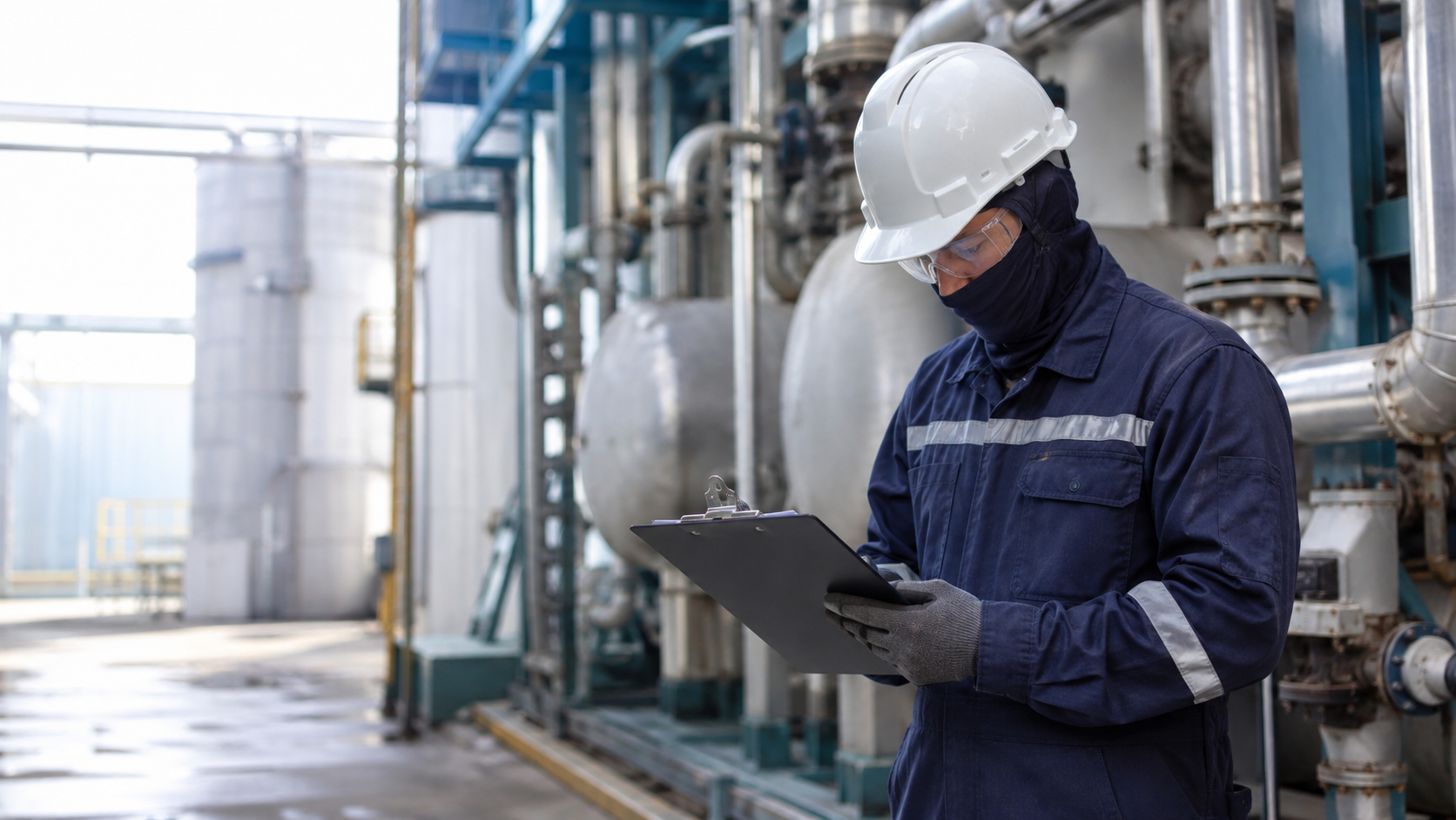 Técnico realizando inspeção de segurança em área industrial