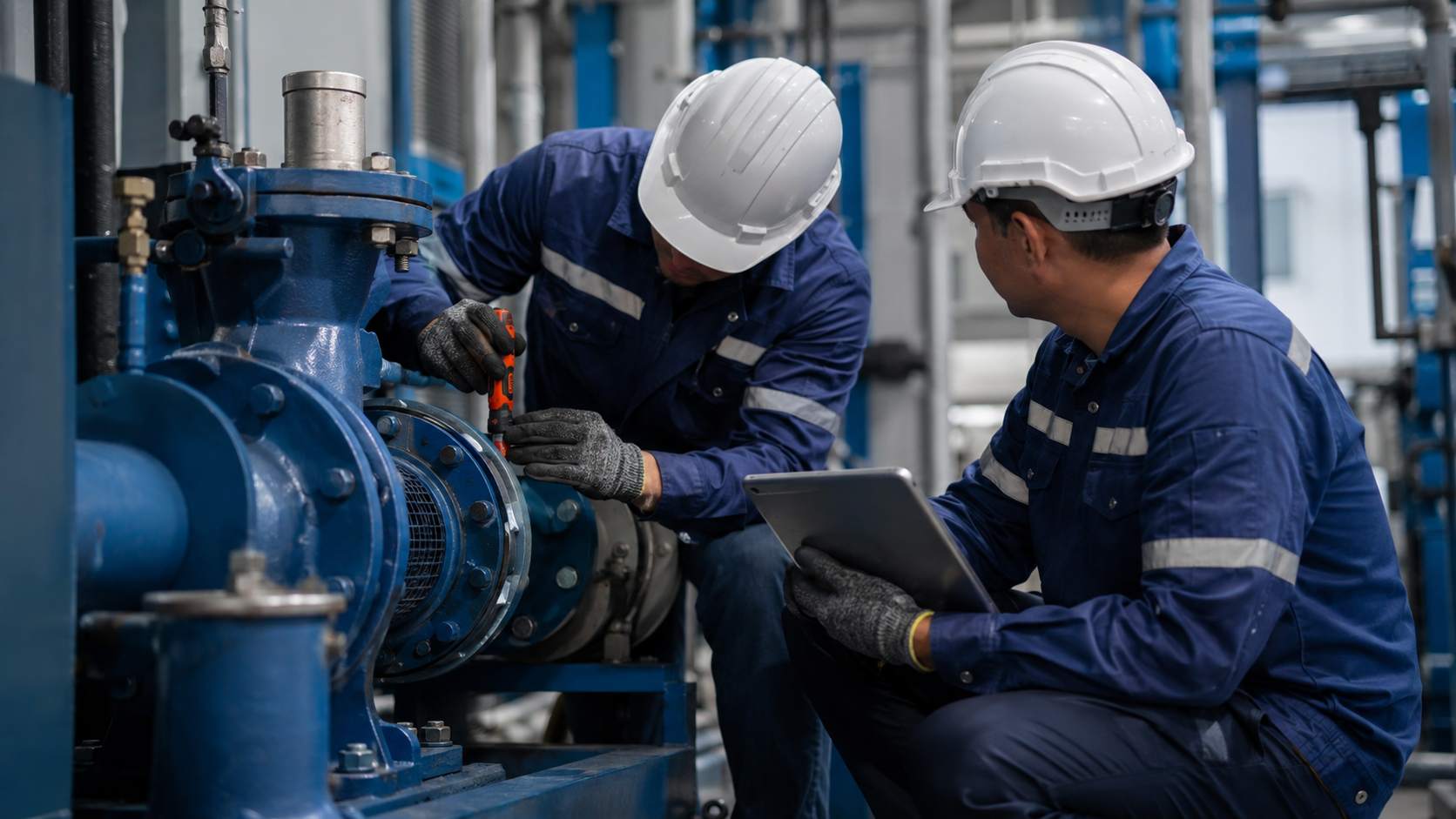 Técnicos avaliando equipamento industrial