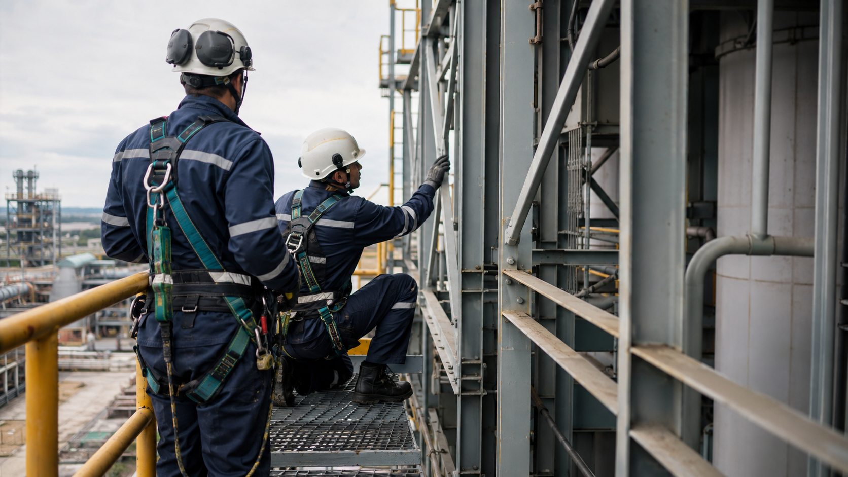 Técnicos em atividade segura de trabalho em altura